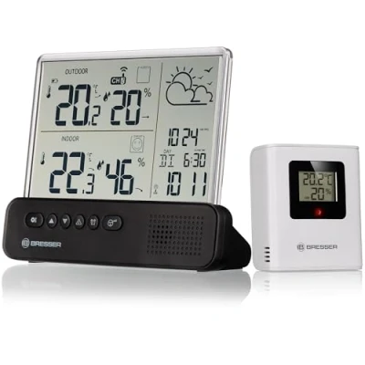 Immagine di Bresser Stazione Meteo Wireless Translucidus NV con Sensore Esterno, Orologio Radiocontrollato, Indicatore di Comfort del Clima Interno, Allarme Gelo e Display Trasparente