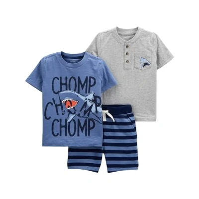Immagine di Simple Joys by Carter&#039;s 3 Piece Playwear Set Pantaloni, Blu Chomp/Grigio Squalo/Righe, 4 Anni Bimbo