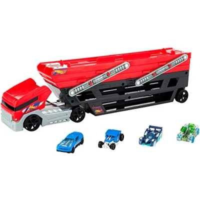 Immagine di Hot Wheels Mega Trasportatore con Rimorchio, Playset 6 Livelli Espandibili e 4 Macchinine Incluse, FPM81