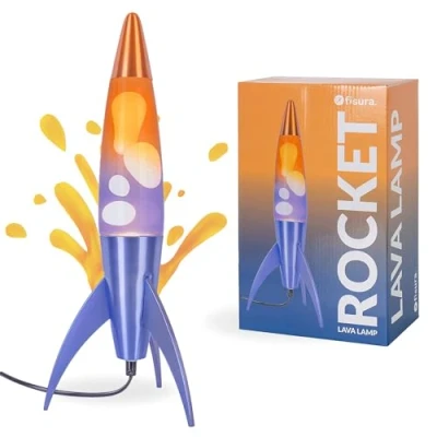 Immagine di Fisura Lampada lava blu e arancione “rocket. Base metallizzata bottiglia sfumata arancione. Design rétro con lampadina di ricambio. 20 cm x 45 cm.