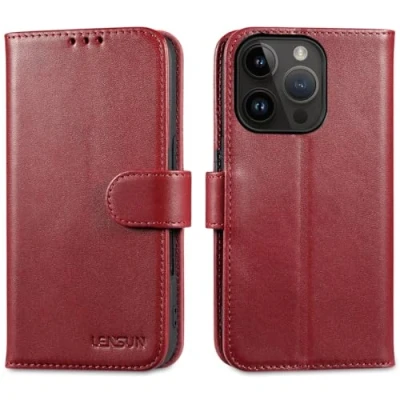 Immagine di Lensun Custodia in Vera Pelle per iPhone 16 Pro, Cover Portacellulare Libro con Portafoglio Chiusura Magnetico Flip Custodie Cuoio Telefono Pro 5G Vino Rosso