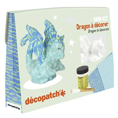 Immagine di Decopatch KIT035C Mini Kit drago completo che include un animale in cellulosa dipinto di bianco 2 fogli 1 pennello vasetto colla vernice FAI DA TE e Hobby Creativi