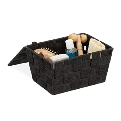 Immagine di relaxdays Cestino con Coperchio, Portaoggetti da Bagno, PP Intrecciato, HLP 10,5x19,5x14,5 cm, Nero, 1 pz
