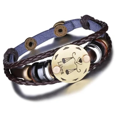 Immagine di Unendlich U Braccialetto con segni zodiacali, stile punk, per uomo e donna, in pelle intrecciata lega multistrato, 1 / 12 pezzi base metal, colore: Waage(Libra), cod. B2356 I