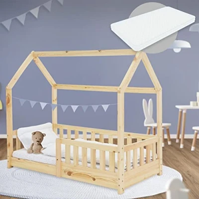 Immagine di ML Design Lettino per Bambini a Forma di Casa con Sponde Protezione Anticaduta Rete Doghe 70 x 140 cm Letto da Gioco in Legno Pino Massiccio Naturale Materasso Sfoderabile Schiuma Fredda
