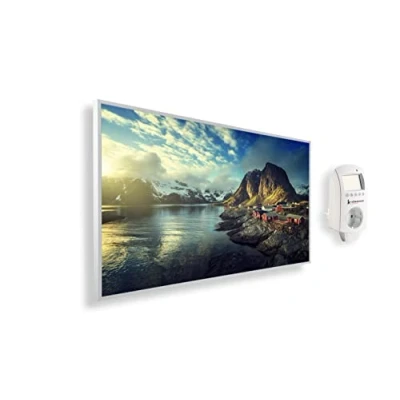 Immagine di Riscaldatore a infrarossi Könighaus 1200 Watt + termostato smart e APP una stufetta elettrica basso consumo Cornice bianca (06. Panorama norvegese)