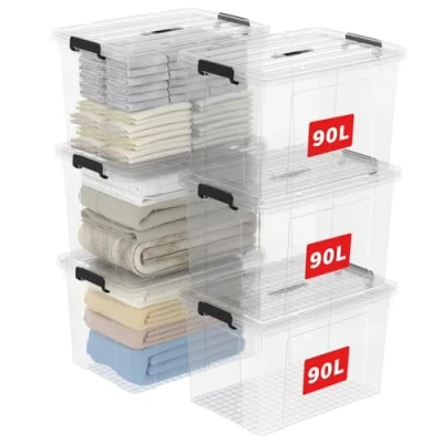 Immagine di Cetomo 90L*6 Scatole di Stoccaggio in Plastica, Portaoggetti con Coperchio, Organizzatore Manico, Contenitori per Casa e Ufficio, Impilabile, Resistente, Trasparente, 90L Confezione da 6