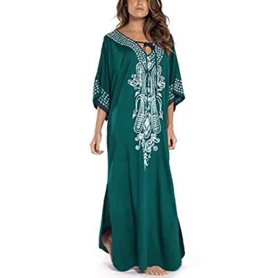 Immagine di YOUKD Cotton Kaftan Abito Floreale Ricamato Bohemian Beach Bikini Cover Up Robe Plus Size Camicia da Notte per Le Donne