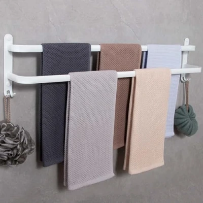 Immagine di Porta Salviette Bagno Alluminio 2 Livelli Asciugamani Bianco Da Parete Adesivo Con Ganci per e Cucina, 80cm
