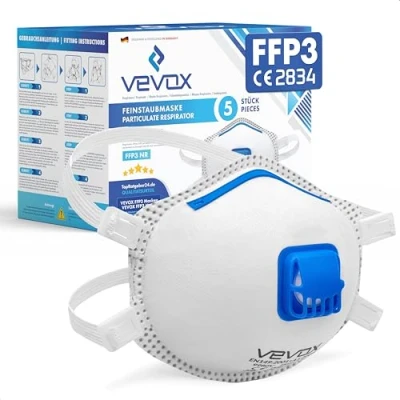Immagine di VEVOX® Mascherine FFP3 scatola da 5, 10, 20 o 5000 con guarnizione comfort plus mascherina maschera filtrante respiratoria FFP 3 valvola certificata CE per la massima protezione