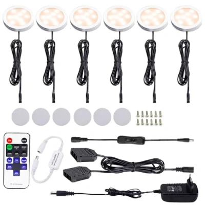 Immagine di AIBOO LED Luce Sottopensile Cucina Dimmerabile con Telecomando RF Wireless, Illuminazione A da Incasso per Armadio, EUR Spina, 6 Luci Display, 12V 12W Under Vetrine(Bianca Calda 2700K)