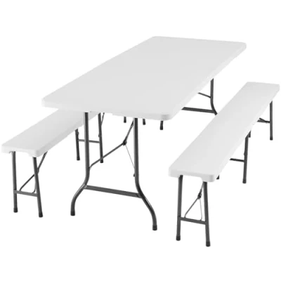 Immagine di TecTake® Set da Campeggio Richiudibile, Tavolo Giardino, 2 Comode Panche Esterno, Telaio in Acciaio Smaltato, Pratica Maniglia per il Trasporto Bianco