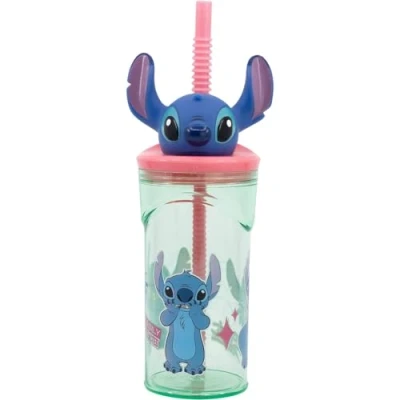Immagine di CARTOON Bicchiere con cannuccia personaggio 3D in plastica riutilizzabile BPA Free capacità 360 ml (Stitch)