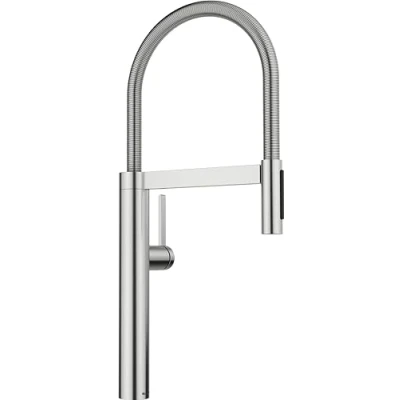 Immagine di BLANCO CULINA S II Rubinetto da cucina in acciaio PVD alta pressione con tubo estraibile cambio getto trasparente doccia prevenzione del riflusso qualità sicura dell&#039;acqua e