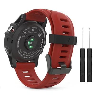 Immagine di MoKo Cinturino Compatibile con Garmin Fenix 3/3 HR/Fenix 5X/5X Plus/Tactix Charlie/Descent Mk1/Quatix 3, Sportivo di Ricambio in Silicone Morbido, Rosso Scuro