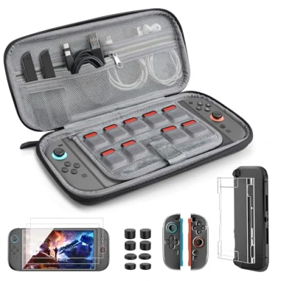 Immagine di TiMOVO Kit di Accessori per Nintendo Switch 2, 14 in 1 2 con Custodia, Cover Protettiva PC, Custodia JoyCon TPU, Pellicola Vetro Temperato e 8 Thumb Grip Cap, Nero