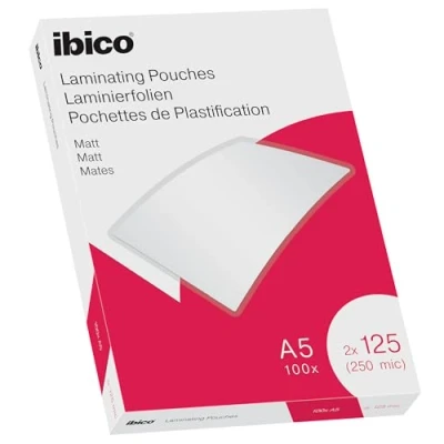 Immagine di Ibico Pouch per la Plastificazione a caldo, Formato A5, 250 Micron (2x150), Elevata protezione dei documenti e Durabilità, Confezione da 100, Finitura Opaca, Trasparente, 627322