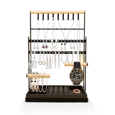Immagine di TFSZE Espositore per Gioielli,Espositore Gioielli a 4 Livelli,Vassoio in Velluto,Espositore Con Base Ad Anello,Per Collane Bracciali Orecchini Anelli(Nero)