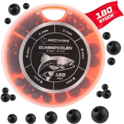 Immagine di AMZfishing® Set di Perline Gomma da 3 mm a 8 mm, 180 Pezzi, Perle Gomma, per Pesca e Perline, Accessori Pesca, perfette con Tappo in (a: nel Dispenser)