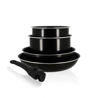Immagine di MENASTYL Set di 5 pezzi IRIS in alluminio nero a induzione, 2 cassSEROLE 16/18 cm + padelle 22/26 1 manico estraibile 6020437