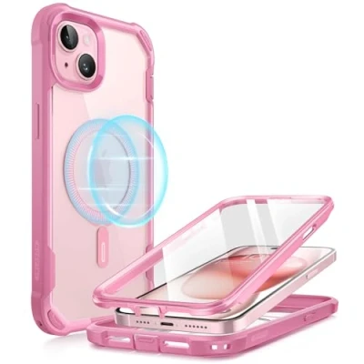 Immagine di i Blason AresMag custodia per iPhone 15/iPhone 14/iPhone 13 [6,1 pollici], compatibile con MagSafe, integrale antiurto, robusta, trasparente, pellicola protettiva integrata (rosa)