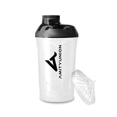 Immagine di Shaker per proteine ​​ L&#039;ORIGINALE di AMITYUNION Senza BPA con setaccio, scala frullati siero latte cremosi, tazze Gym Deluxe isolati e concentrati sportivi, (Bianco nero)