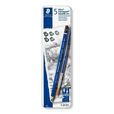 Immagine di STAEDTLER Matite acquerellabili Mars Lumograph 100A G6 ST (forma esagonale, incredibilmente infrangibili, alta qualità, 3 durezza, 1 pennello rotondo, custodia in metallo)