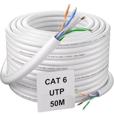 Immagine di Soibke Cavo Ethernet 50 Metri, Bobina di Rete LAN Cat 6 50mt Esterno Lungo Installazion 1Gbps 250MHz Alta Velocità Gigabit RJ45 23AWG UTP Internet Patch Bianco Bulk Cabel