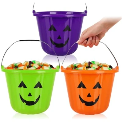 Immagine di com four® 3X Secchiello per Zucca di Halloween Secchio plastica con Design a la Raccolta Dolci Borsa Manico