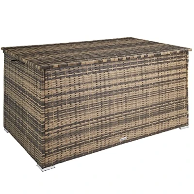 Immagine di TecTake® Box Contenitore da Esterno, Mobile Giardino con Intreccio in Polyrattan, Telaio Alluminio, Coperchio Rinforzato, Resistente ai Raggi UV, 145 x 82,5 79,5 cm Naturale