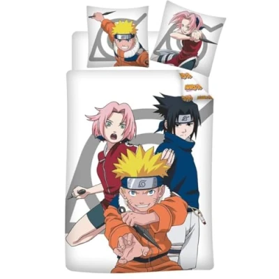 Immagine di Aymax Parure da letto Naruto per una persona, copripiumino 140 x 200 cm + federa 65 cm, in policotone, con Sasuke Uchiwa e Sakura Haruno