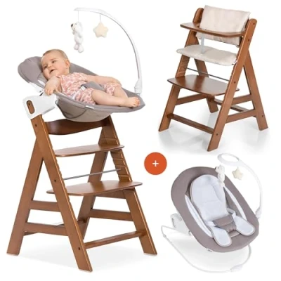 Immagine di hauck Alpha Plus Newborn Set Deluxe Seggiolone In Legno Evolutivo dalla Nascita Sedia Bambini con Sdraietta Dondolo Neonati Reclinabile e Cuscino Noce
