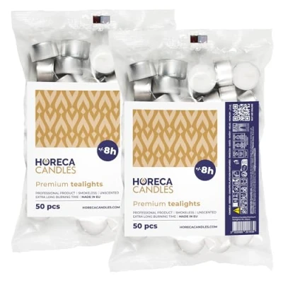 Immagine di Horeca Candles 100 Lumini Tealight Premium Durata 8 ore di Combustione Set da Pezzi Tè Luci Candele Bianche Non profumate