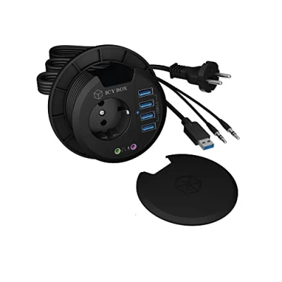 Immagine di ICY BOX IB HUB1430, 4 Port USB 3.0 Type A Tisch Hub mit Audio Ein /Ausgang und Schuko St 6 Porte Nero
