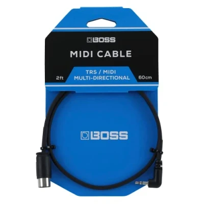 Immagine di BOSS BMIDI 2 35 60 cm / 2ft Cavo MIDI salvaspazio da TRS 3,5 mm a 5 Pin Multidirezionale offre una connettività di qualità per i pedali