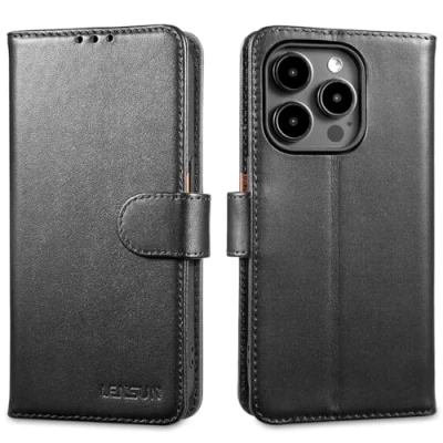 Immagine di Lensun Custodia per iPhone 15 Pro, Cover in Vera Pelle [RFID Blocking] Libro con Portafoglio Chiusura Magnetico Flip Custodie Cuoio Telefono Pro 5G Nero