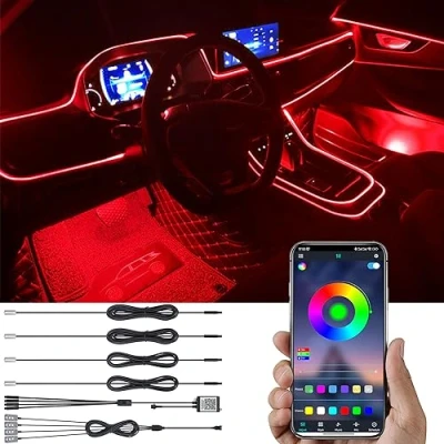 Immagine di TABEN Kit Luce Atmosfera Auto Sincronizzazione Musicale RGB Multicolore 16 Milioni di Colori 5 Metri Fibra Ottica USB Ambientale vano Piedi, Suono Attivo e Controllo App Bluetooth CC 12V