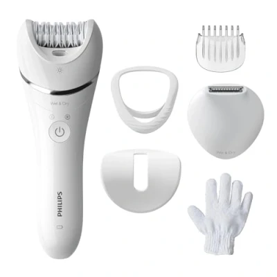 Immagine di Philips Epilator Series 8000, dispositivo di epilazione Wet &amp; Dry cordless per gambe e corpo con 6 accessori, rifinitore ed esfoliante corpo, modello BRE715/00