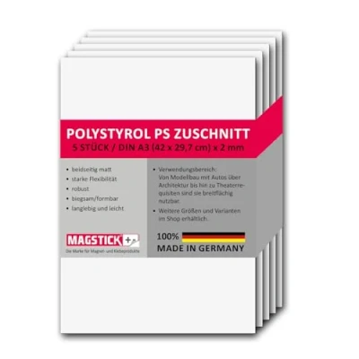 Immagine di Set di 5 lastre in polistirolo bianco I DIN A3 plastica rigida PS tagli 29,7 x 42 cm 2 mm spessore per modellismo architettura fai da te mag_266