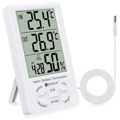 Immagine di Neoteck Digitale LCD Termometro Igrometro Interno Esterno Misuratore Temperatura Umidità Valore Min/Max con Funzione Sveglia e 1.5M Filo di Sensore per Controllo Aria Condizionata Bianco