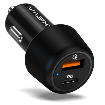 Immagine di Magix Caricabatterie Auto 38W Porta USB A QC 3.0 (18W) + C PD (20W), carica simultanea Quick Charge e Power delivery (Nero)