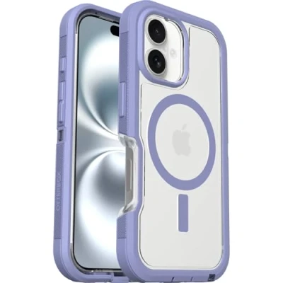 Immagine di OtterBox cover per iPhone 16 Defender Series XT MagSafe, resistente a shock e cadute, ultra robusta, testata 7x vs le norme anti caduta MIL STD 810G, Trasparente/Viola