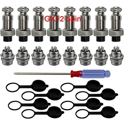 Immagine di QitinDasen 8 Set GX12 5 Pin Aviazione Spina Connettore, 5A 12mm Maschio Femmina Metallo con Gomma Berretto e Cacciavite a Croce