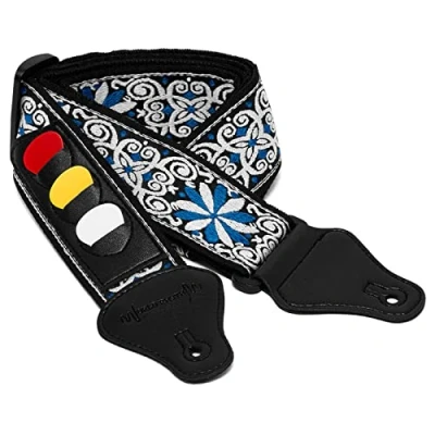 Immagine di World Rhythm WR 212 Tracolla per chitarra in cotone ricamato con motivo floreale blu chitarre elettriche, acustiche, classiche e bassi taschini porta plettro plettri