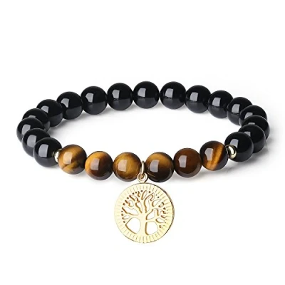 Immagine di coai Albero della Vita Bracciale Unisex Bilanciamento Reiki con Perle in Tormalina Nera e Occhio di Tigre Marrone Medaglietta Amuleto Vita, Elastico Pietre Benefiche