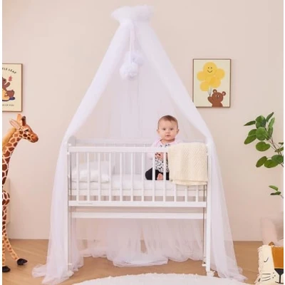 Immagine di ALAVYA HOME® Baldacchino in tulle, lunghezza 120 cm, per culla e culla, zanzariera con 2 pompon baldacchino, decorazione la cameretta dei bambini, protegge incanta il vostro bambino durante