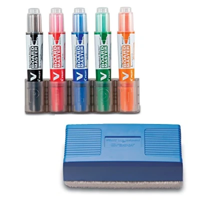 Immagine di Pilot, Astuccio Da 5 Pennarelli Per Lavagna Bianca V Board Master, Marker In Plastica Riciclata Begreen, Nero, Blu, Rosso, Verde, Arancione, Pennarello Senza Macchie 4,5 mm