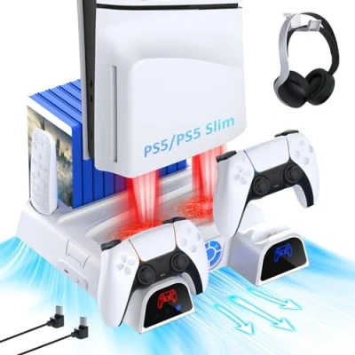 Immagine di NexiGo Supporto Verticale con per Auricolare e Adattatore CA PS5 Console, Caricatore a Doppio Controller, 3 Livelli di Velocità Delle Ventole Regolabile, 10 Game Rack Organizer, Bianco