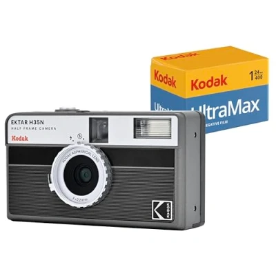 Immagine di Kodak EKTAR H35N Set di fotocamere a pellicola mezza cornice con Ultramax 400/24EXP da 35 mm (strisce nere)