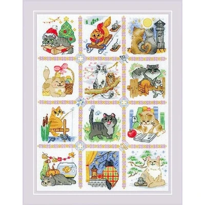 Immagine di Riolis Counted Cross Stitch Kit 9.50&quot;X11.75&quot; Cat Calendar (14 Count)